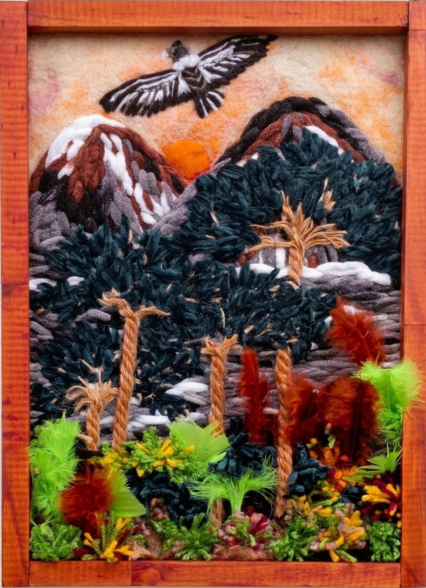 Arpillera artesanal de Alhué con montañas, vegetación y cordillera